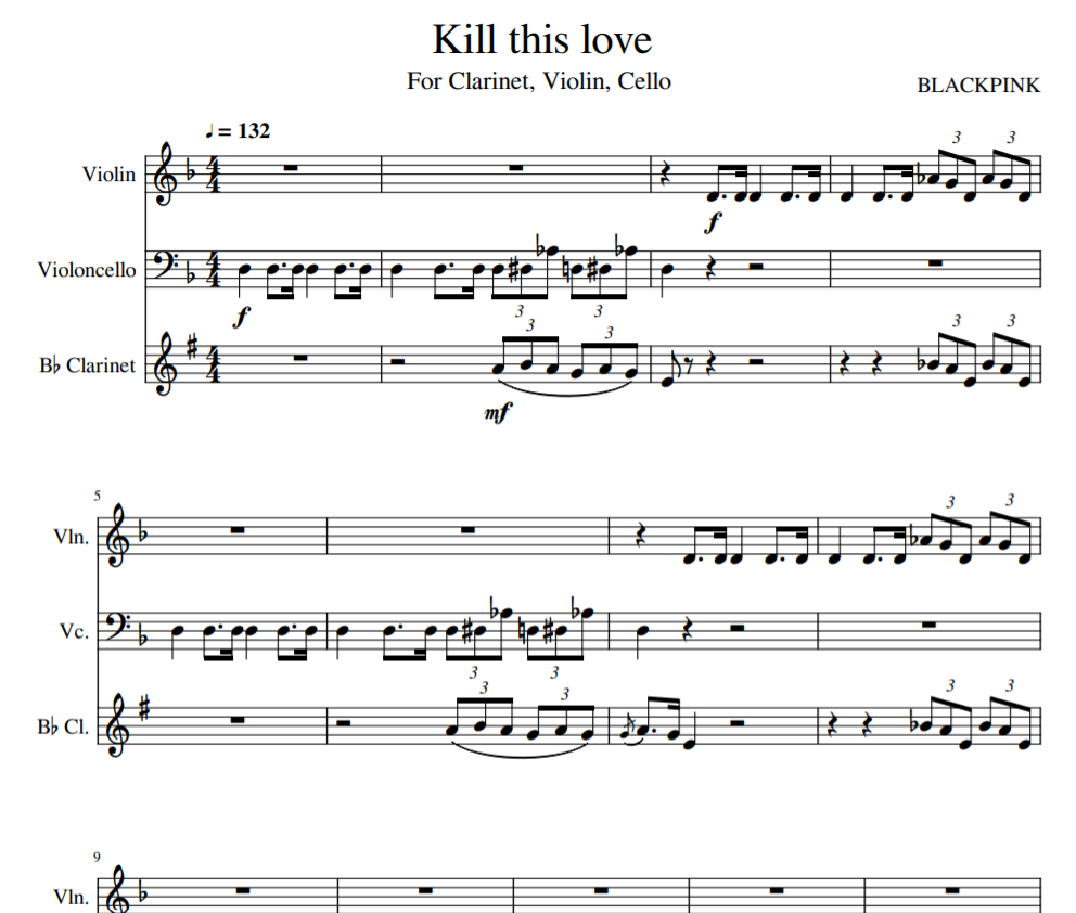 sheet Kill this love For Clarinet, Violin, Cello